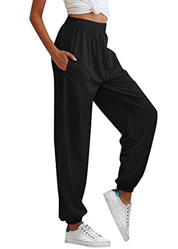 Tuopuda Pantalones de Deporte Mujer con Bolsillos Pantalones Chándal Mujer de Algodón Largos Jogging Pantalóns Elastica Cintura Alta Deportivos para Yoga Fitness Jogger Correr Casual(Negro,XL)