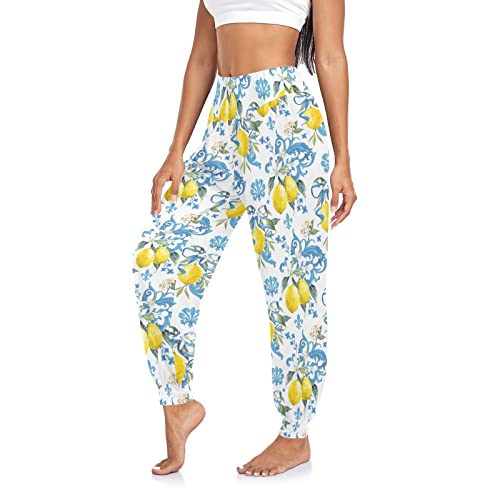 Pantalones de yoga abstractos dibujados a mano con lunares para mujer, pantalones deportivos holgados, Flores azules estilo siciliano limones amarillos, Large