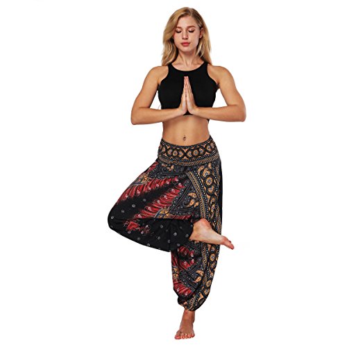 LATH.PIN Pantalones Harem Mujer Boho Pantalón Turco Largos Étnicos Tamaño más Impresión para Pilates Yoga Danza Playa, Estilo 1, Talla única