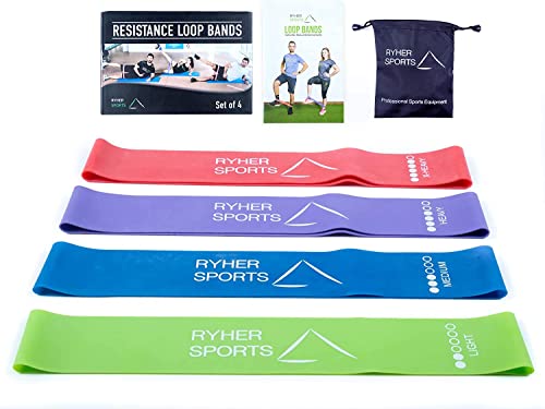 Ryher Set 4 Cintas elasticas musculacion - Bandas de resistencia fitness para CrossFit, Pilates, Ejercicio en casa - Gomas elasticas para hombres y mujeres - Látex - Incluye manual PDF (4 BANDAS)