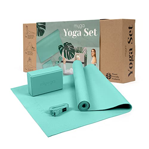 Myga Juego de Inicio de Yoga: colchoneta de Yoga, Bloque de Yoga de ladrillo y Correa de Yoga con Anillo en D de Metal (Turquesa) (150 * 70 * 5 cm) (Kit de Inicio de Yoga)