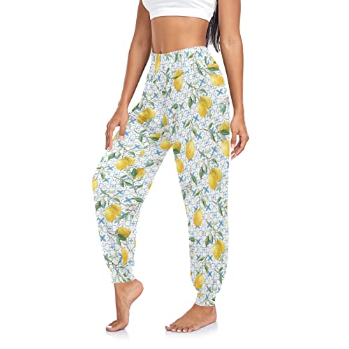 Lindos pantalones de yoga para el día de la madre con flores para mujer, pantalones holgados casuales, Azulejos azules de limones amarillos estilo siciliano, Medium