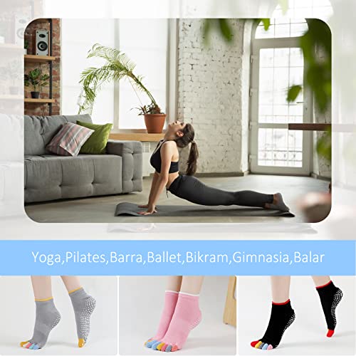 PUTUO Calcetines de Yoga con Dedos para Mujer: Calcetines de Pilates Antideslizantes para Mujer Calcetines Deportivos de Algodón de Cinco Dedos para Fitness Ballet Talla 36-43 3 Pares