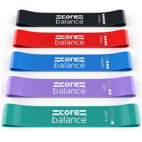 Core Balance Set de 5 minicintas Elásticas para Fitness, Yoga, Pilates, Fisioterapia - Diferentes Niveles de Resistencia para Refuerzo Muscular - Látex Natural, Ejercicios Glúteos, Piernas y Brazos